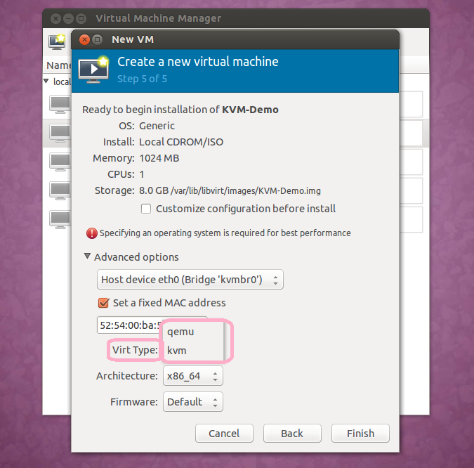 KVM and QEMU - VMM Select Virt Type